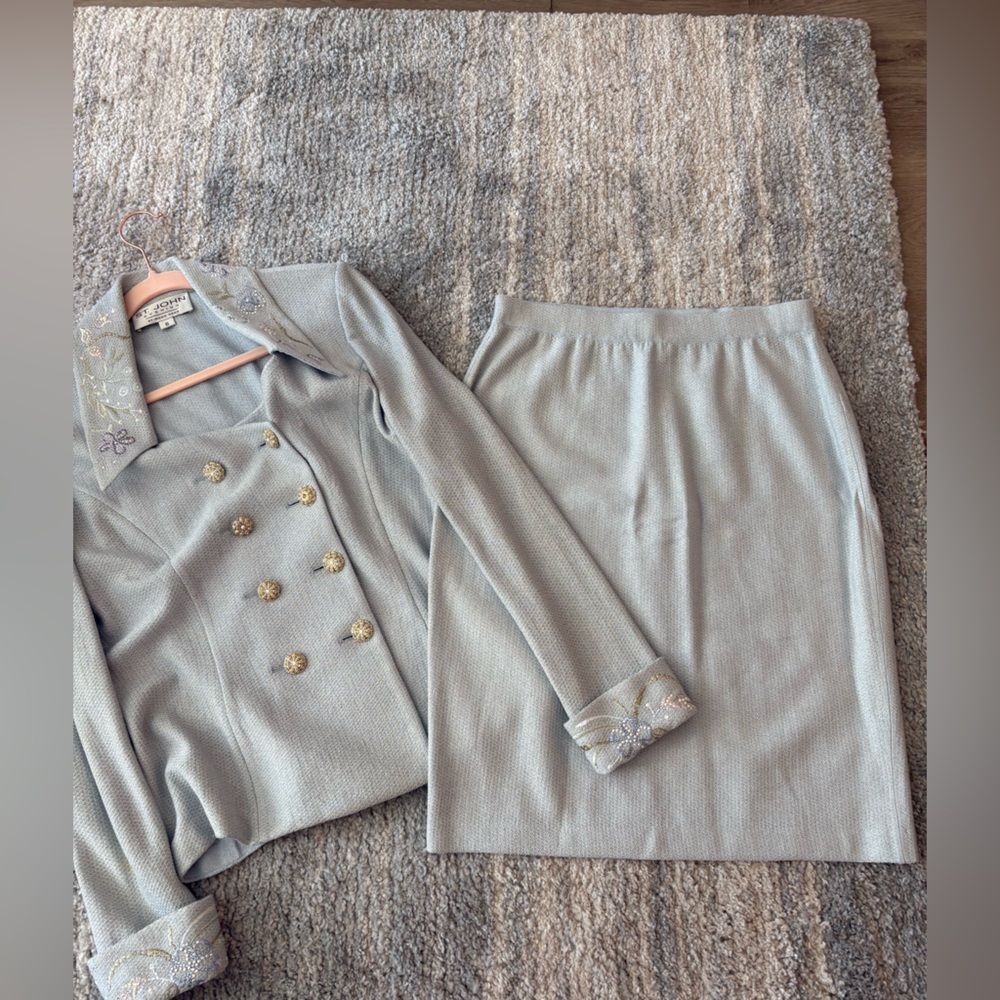 St. John Blue Embroidered Double-Breasted Blazer and Skirt Set